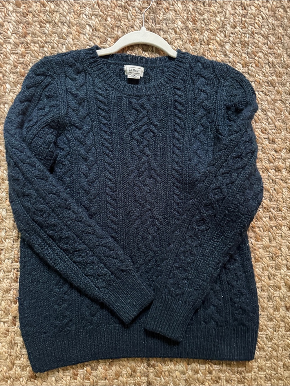 L.L. Bean Women's 100% Wool Cable Crewneck Sweater - Navy Blue & Green